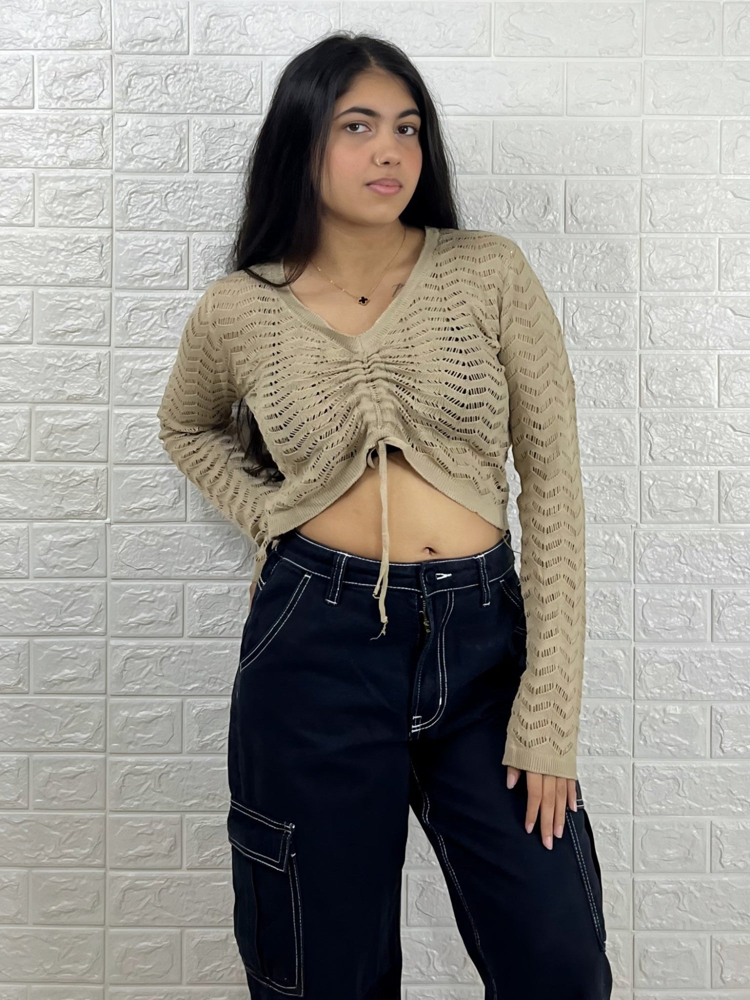 Beige Ruched Drawstring Knit Crop Top