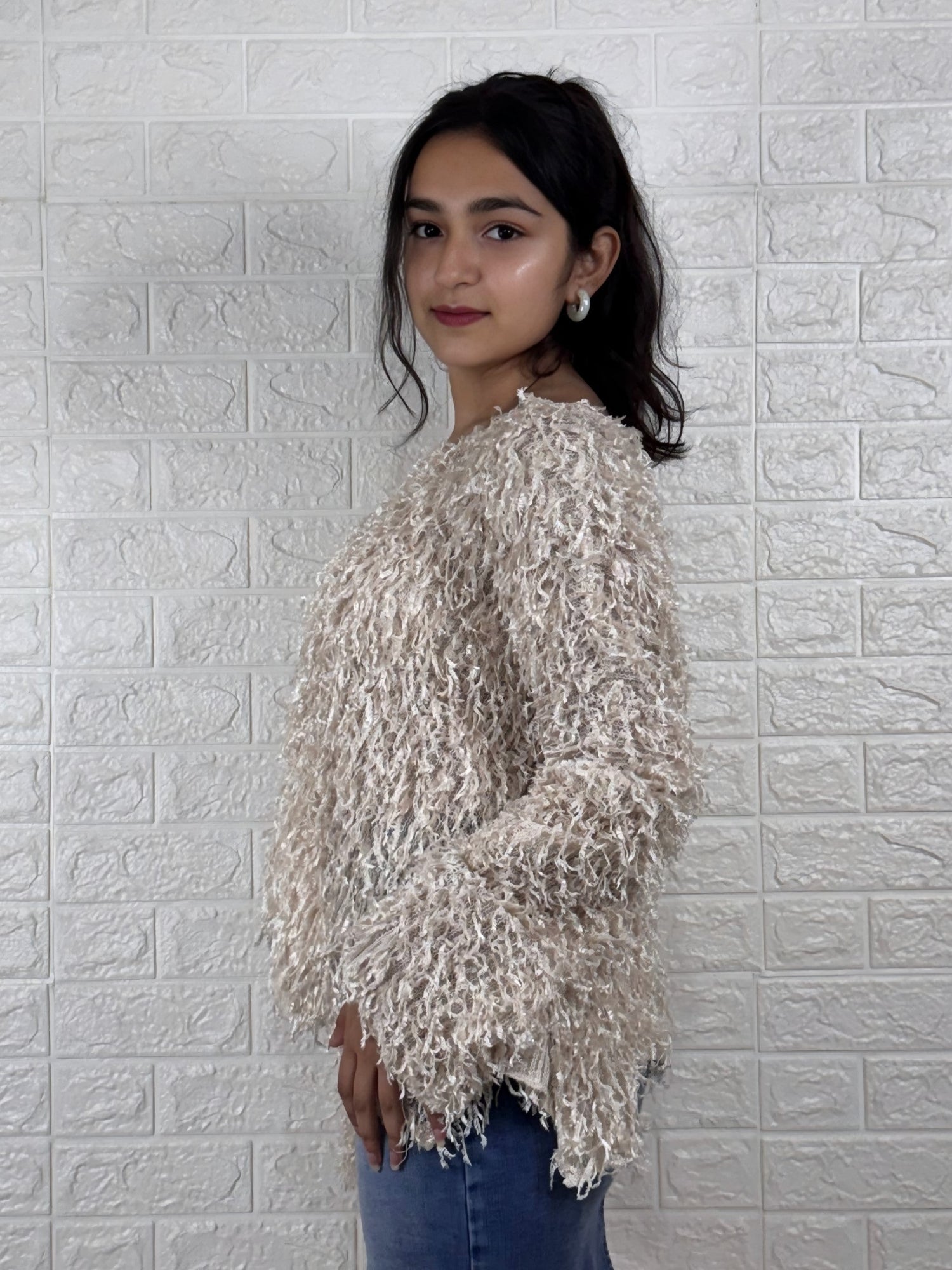 Beige Fuzzy Textured Oversized Sweater Top