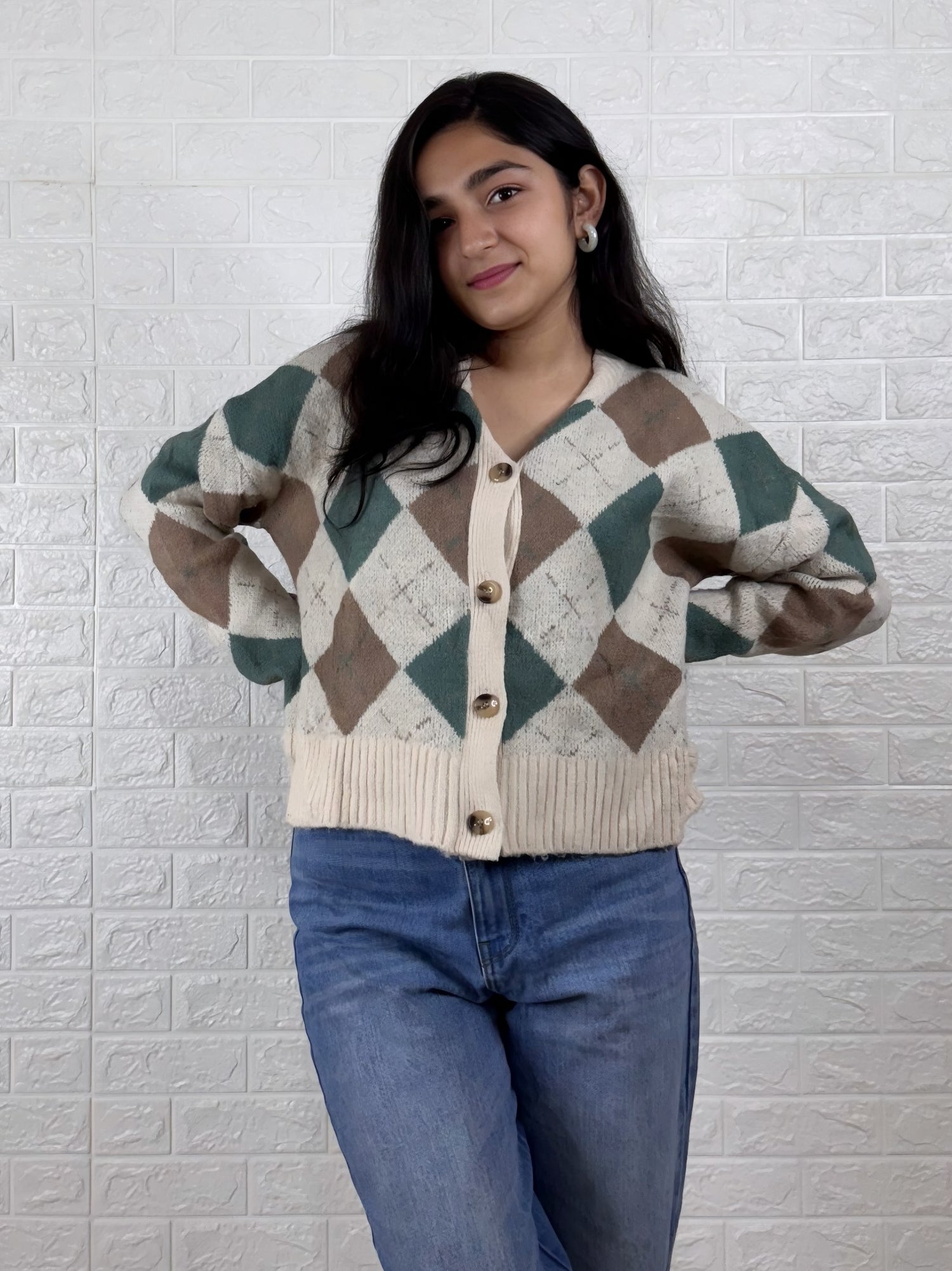 Academia Argyle Cropped Cardigan - Green & Brown