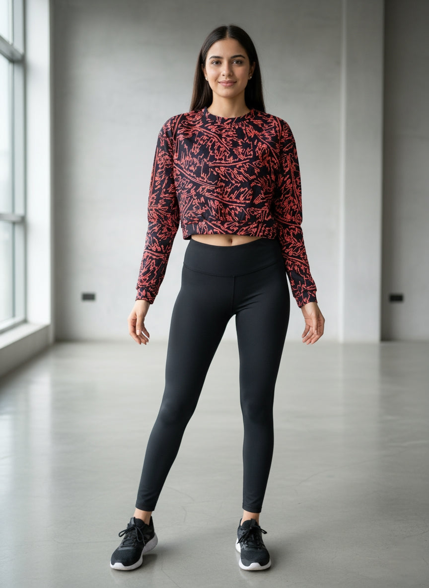 Abstract Print Cropped Long-Sleeve Top - Red & Black