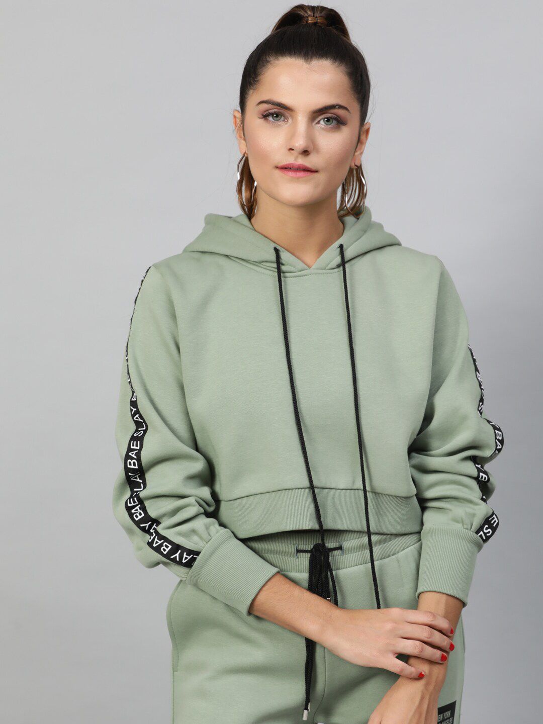 Mint Green Cropped Hoodie with Sleeve Tape Detail – Casual Streetwear