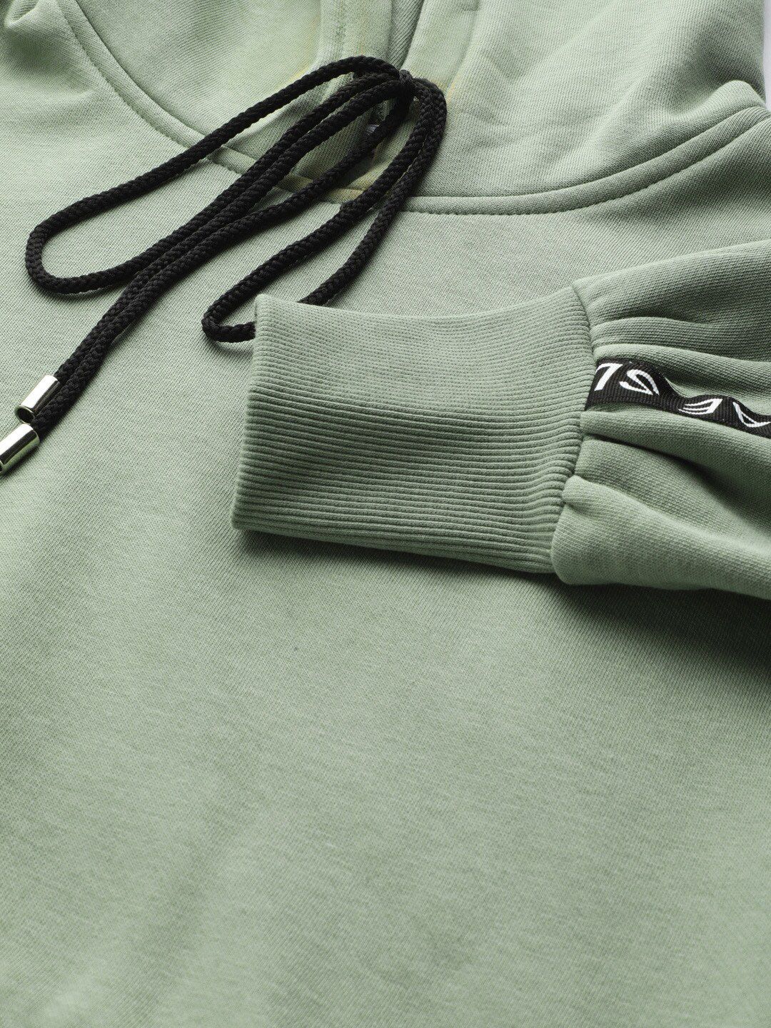 Mint Green Cropped Hoodie with Sleeve Tape Detail – Casual Streetwear