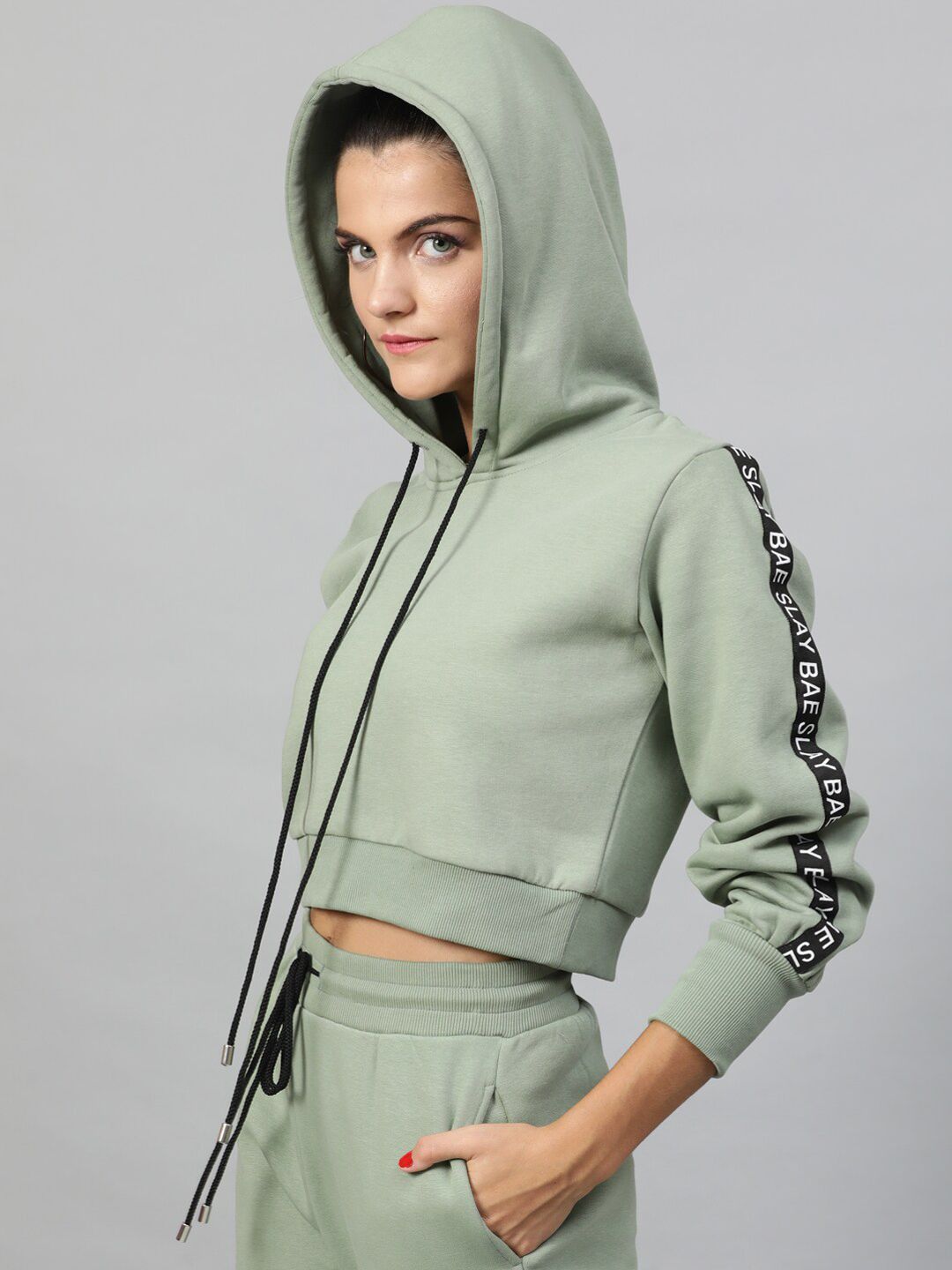Mint Green Cropped Hoodie with Sleeve Tape Detail – Casual Streetwear