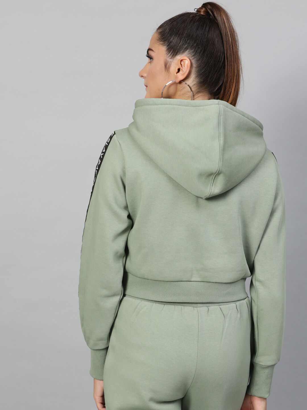 Mint Green Cropped Hoodie with Sleeve Tape Detail – Casual Streetwear
