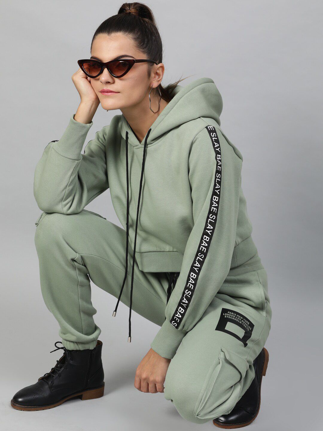 Mint Green Cropped Hoodie with Sleeve Tape Detail – Casual Streetwear