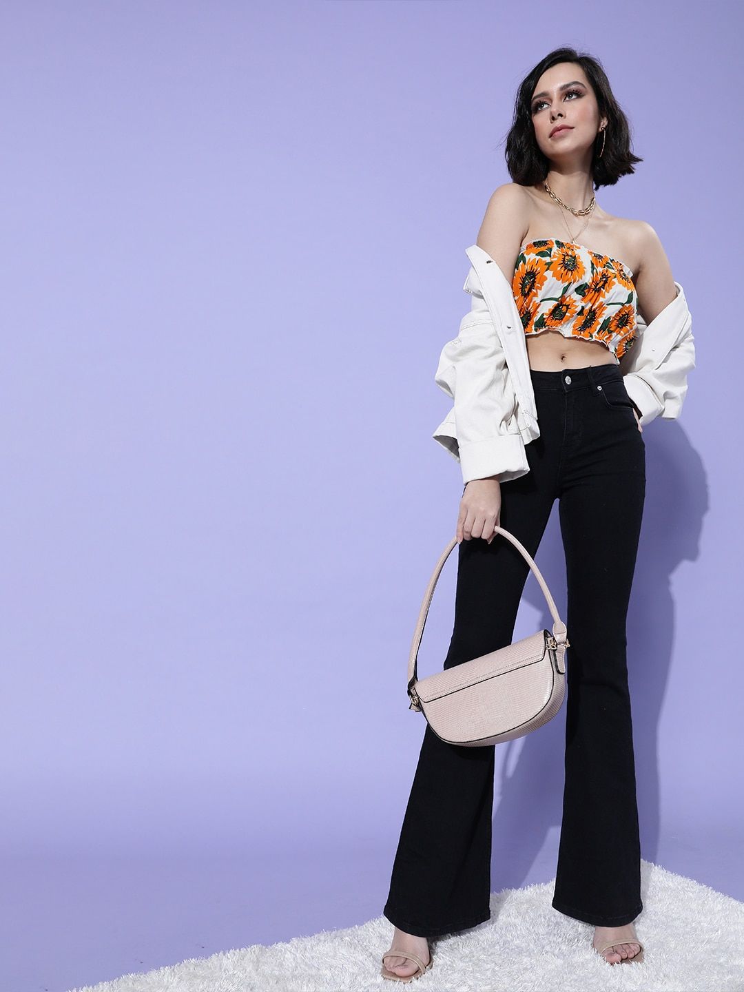 Sunflower Print Bandeau Crop Top – Summer Beach & Brunch Wear