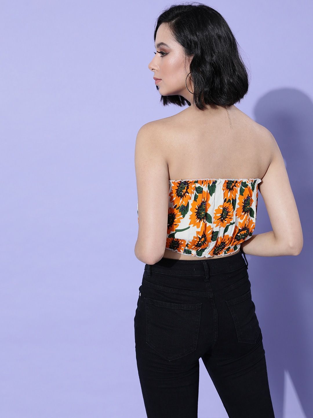 Sunflower Print Bandeau Crop Top – Summer Beach & Brunch Wear