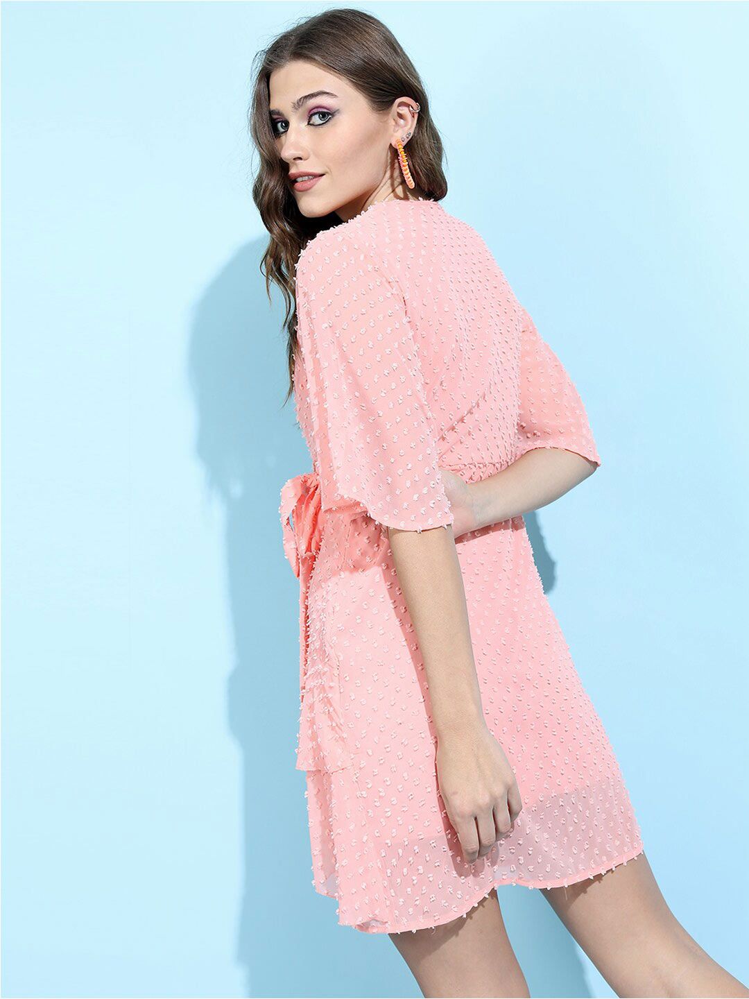 Peach Ruffle Layered Mini Dress with Polka Textured Detailing – Summer & Brunch Wear