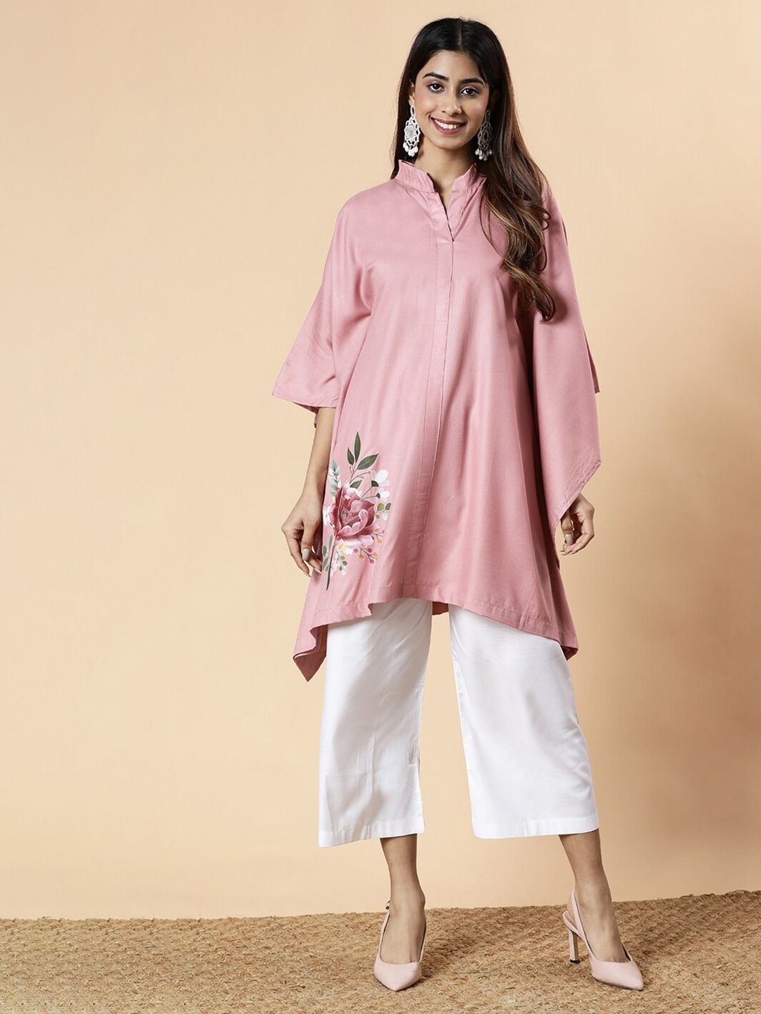Pink Asymmetric Floral Printed Kurti – Elegant Indo-Western Tunic
