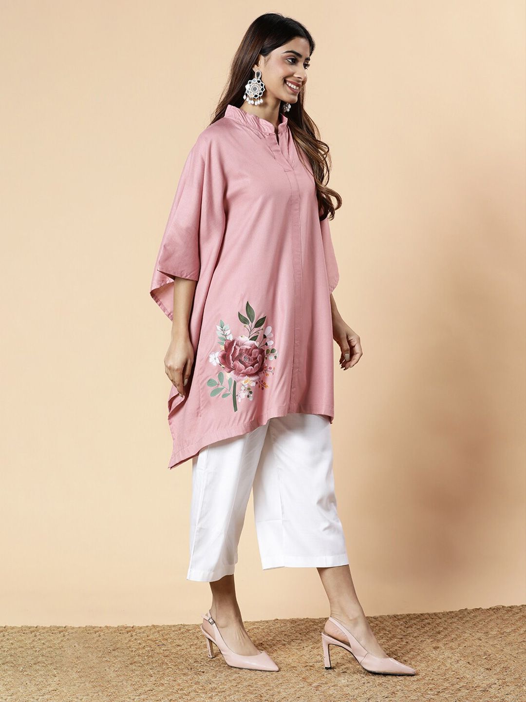 Pink Asymmetric Floral Printed Kurti – Elegant Indo-Western Tunic