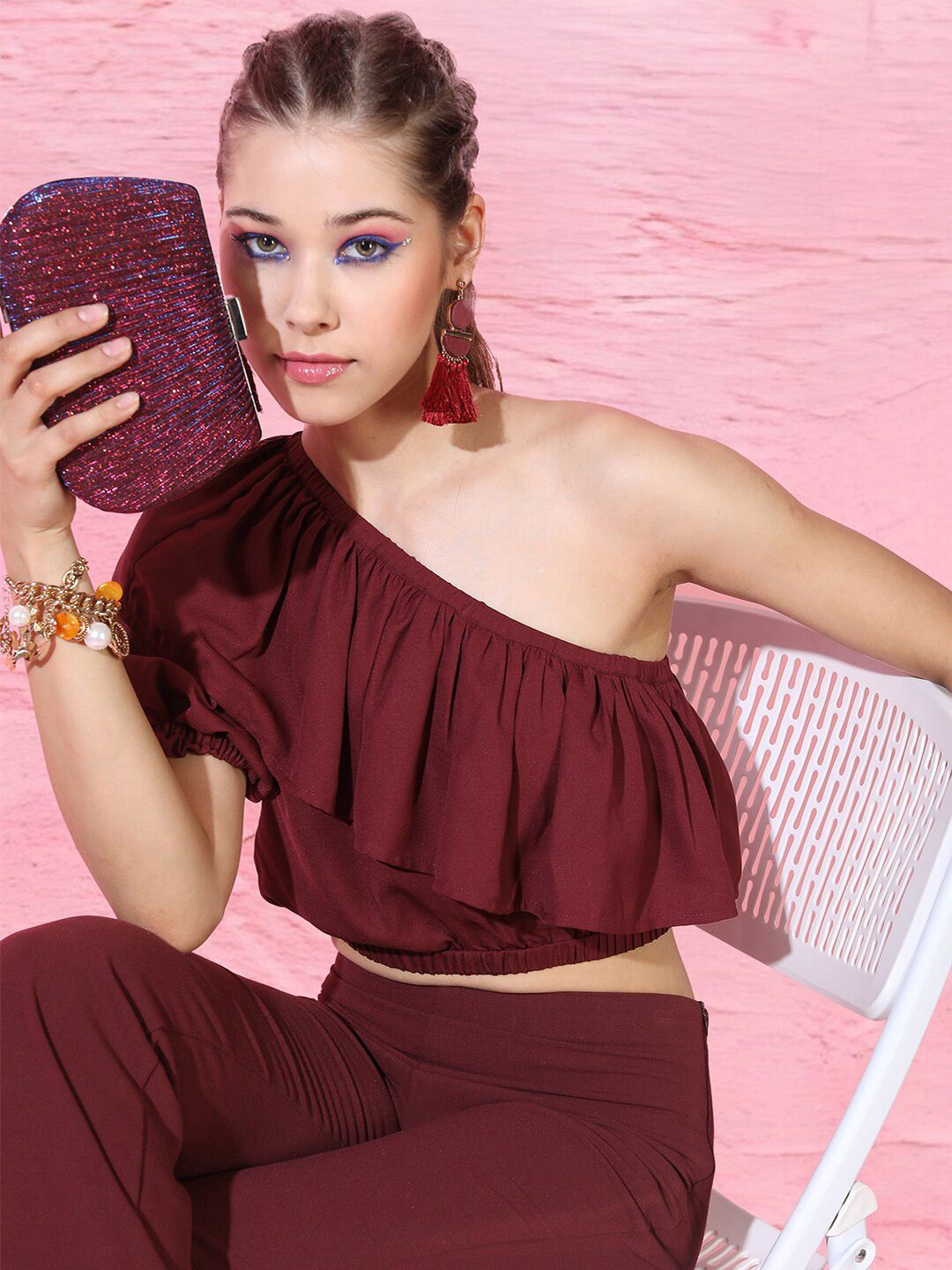 Maroon One-Shoulder Ruffle Crop Top – Party & Evening Wear