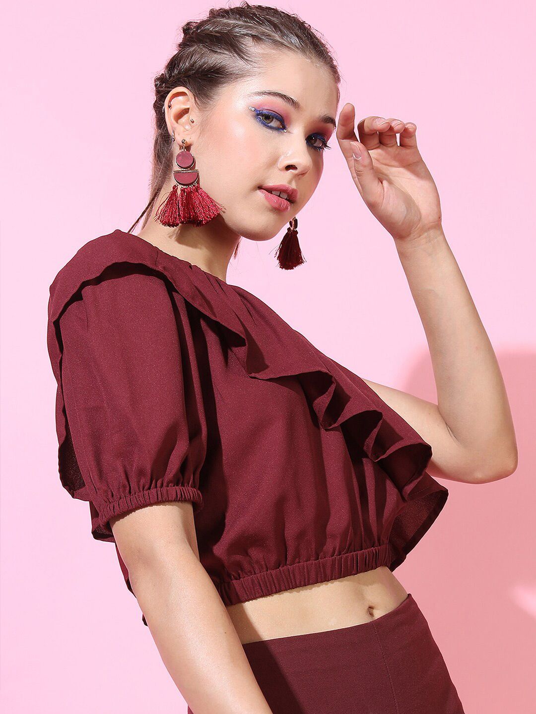 Maroon One-Shoulder Ruffle Crop Top – Party & Evening Wear