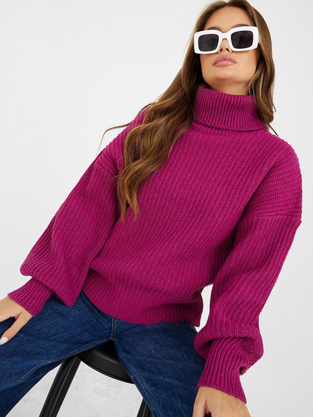 Magenta Chunky Knit Turtleneck Sweater – Winter Cozy & Stylish