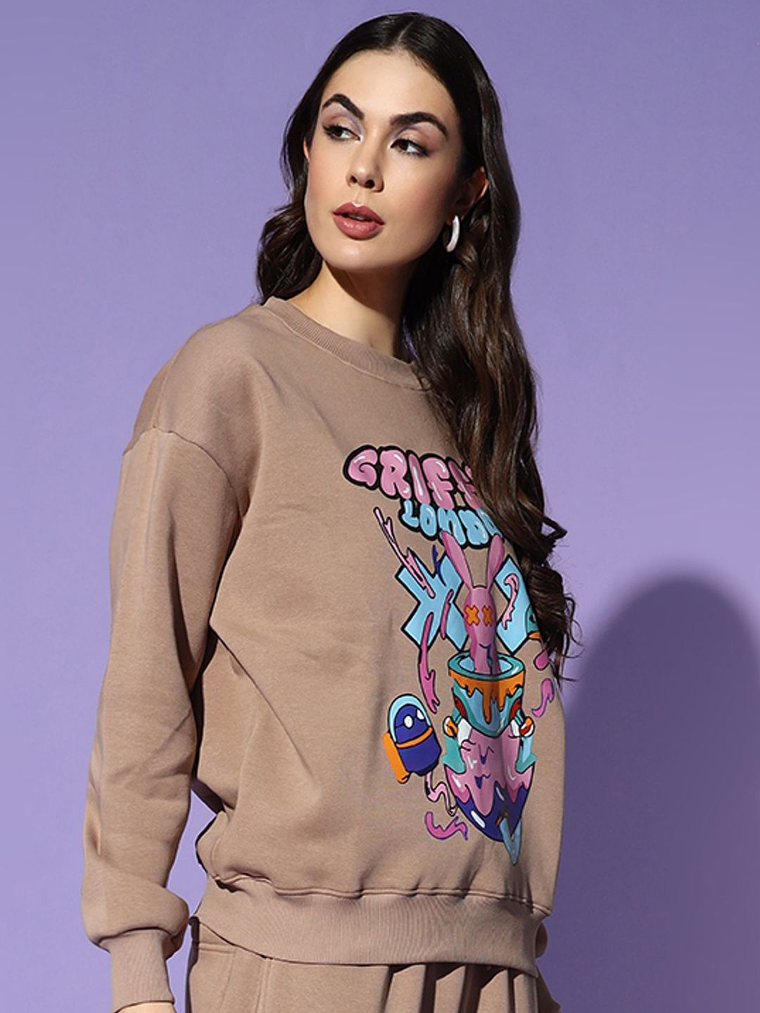 Camel Brown Oversized Graphic Sweatshirt – Streetwear Cartoon Print