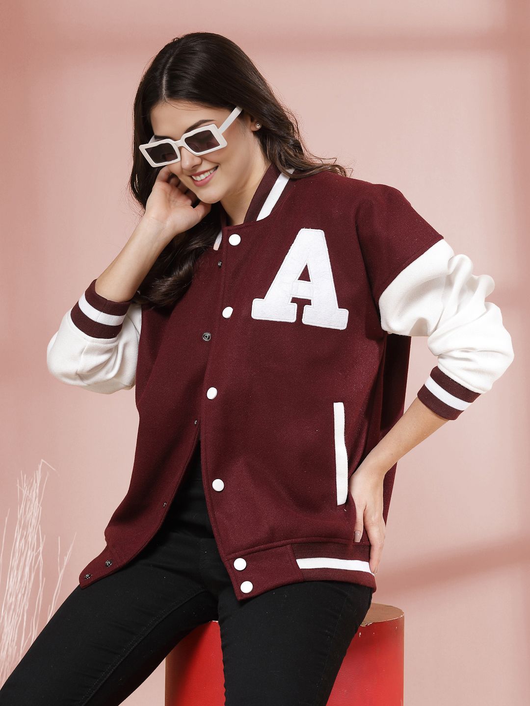 Maroon & White Oversized Varsity Jacket with Letter Patch – Streetwear Bomber