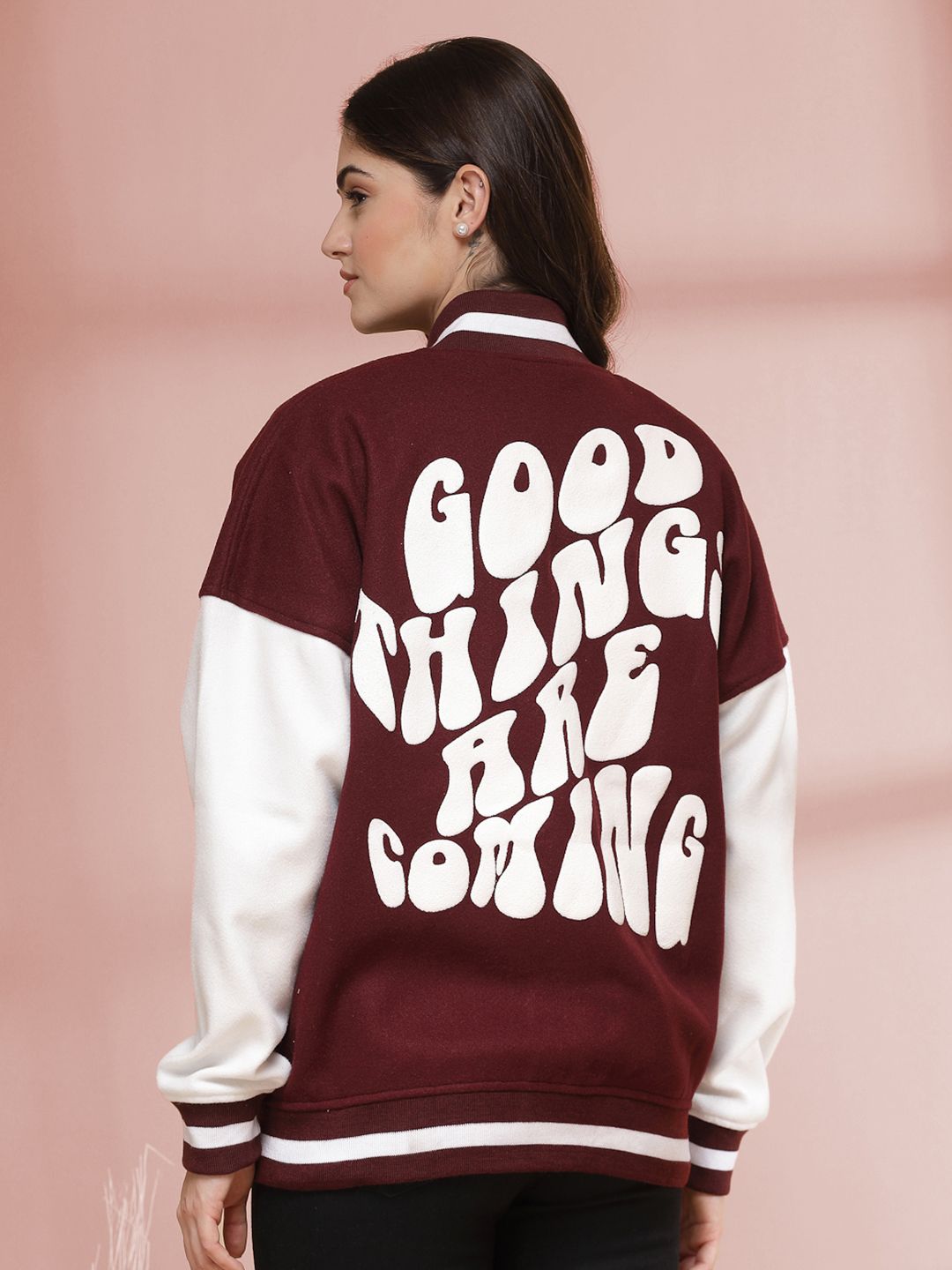 Maroon & White Oversized Varsity Jacket with Letter Patch – Streetwear Bomber