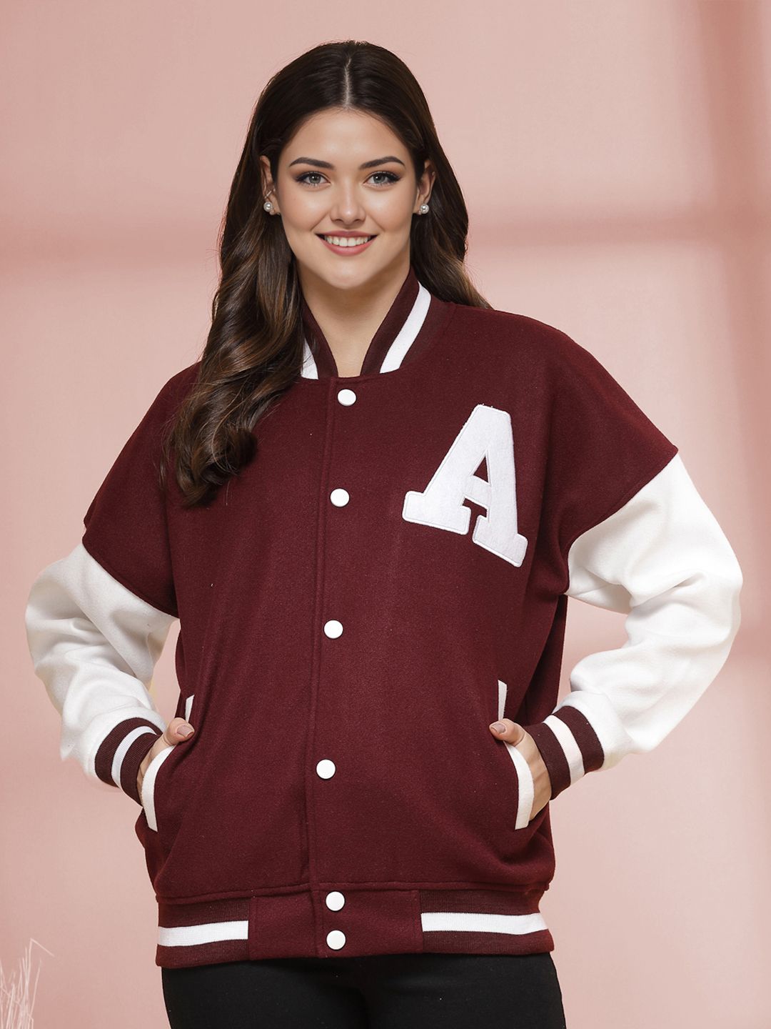 Maroon & White Oversized Varsity Jacket with Letter Patch – Streetwear Bomber