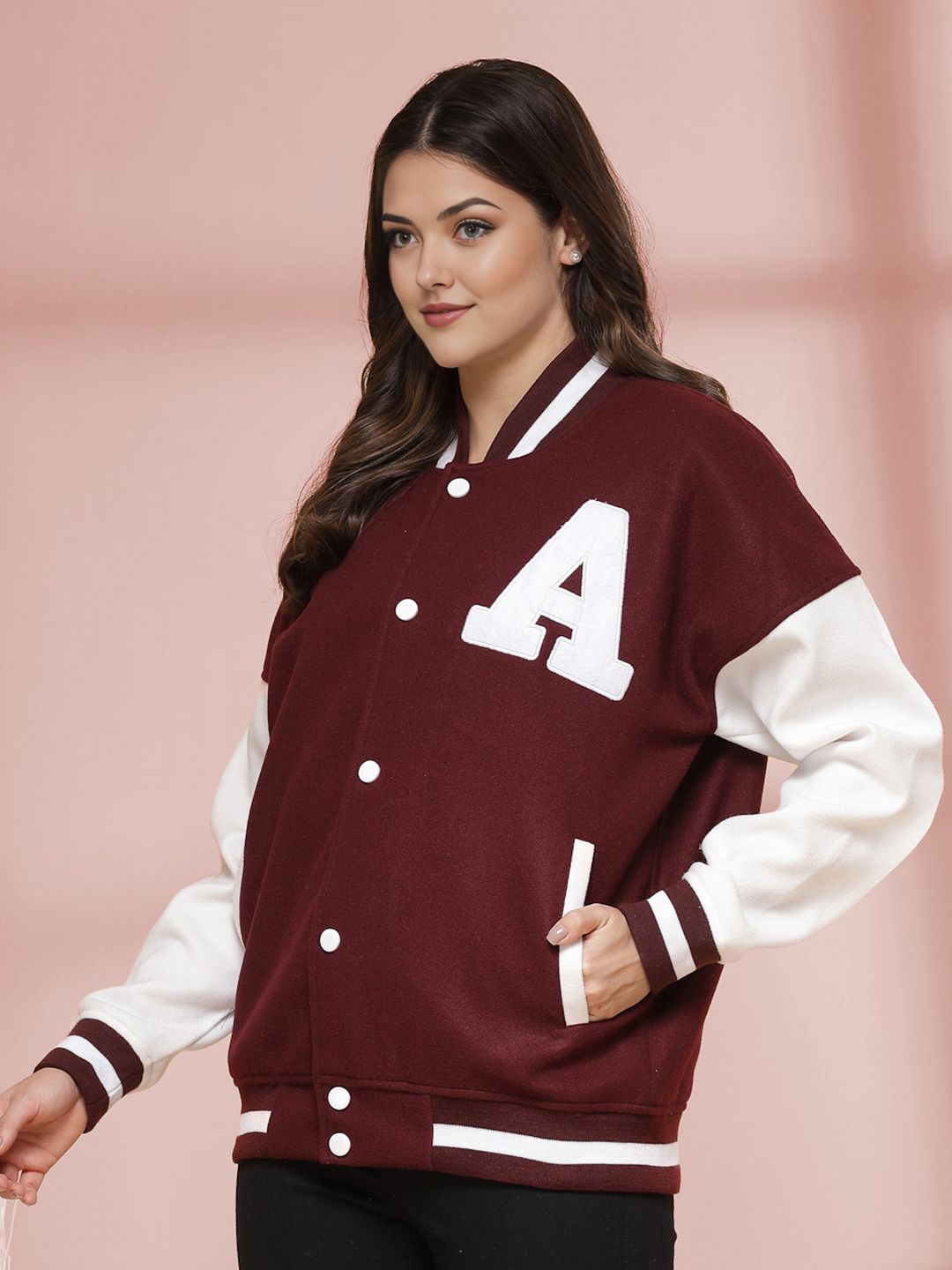 Maroon & White Oversized Varsity Jacket with Letter Patch – Streetwear Bomber