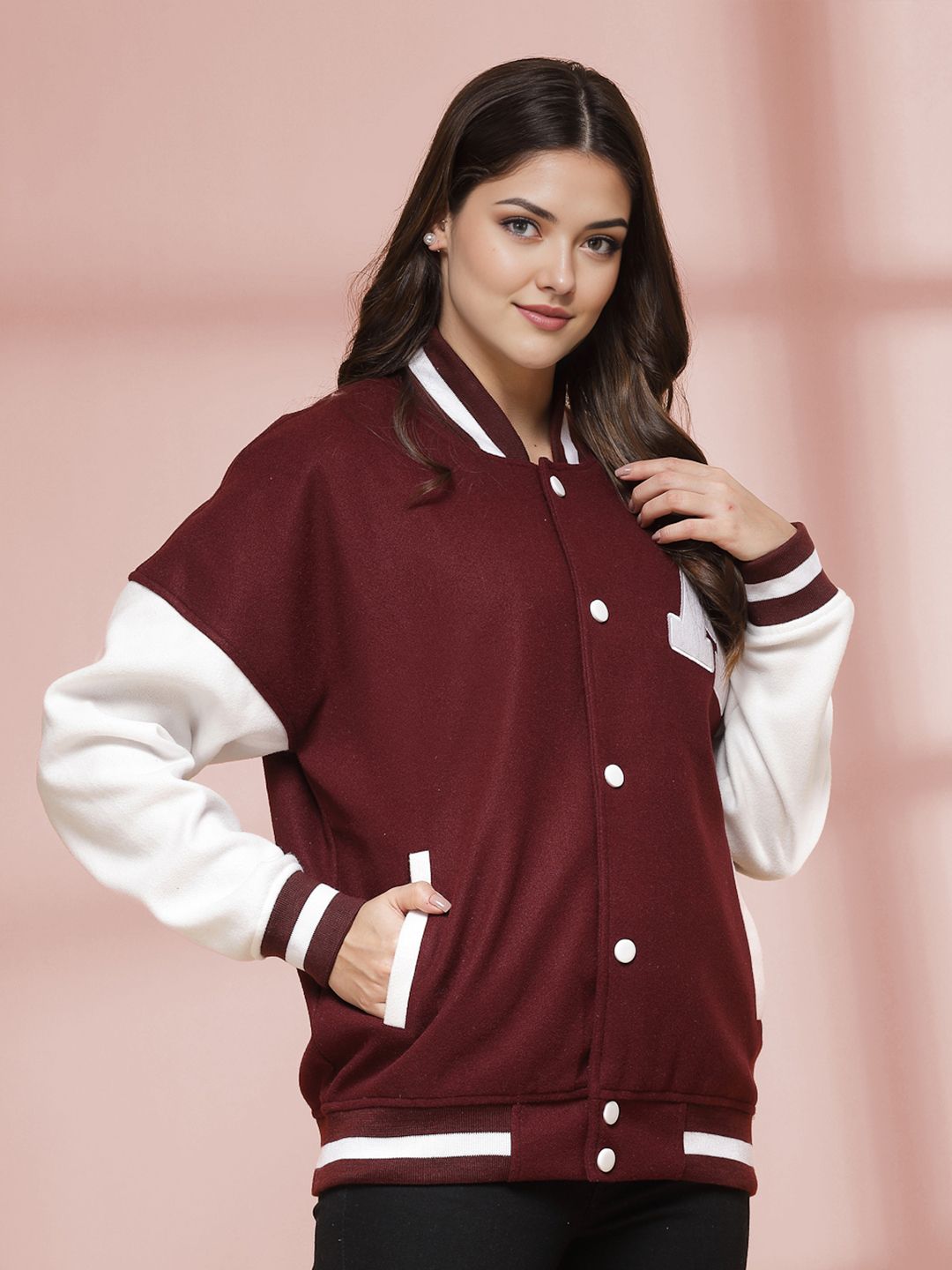 Maroon & White Oversized Varsity Jacket with Letter Patch – Streetwear Bomber