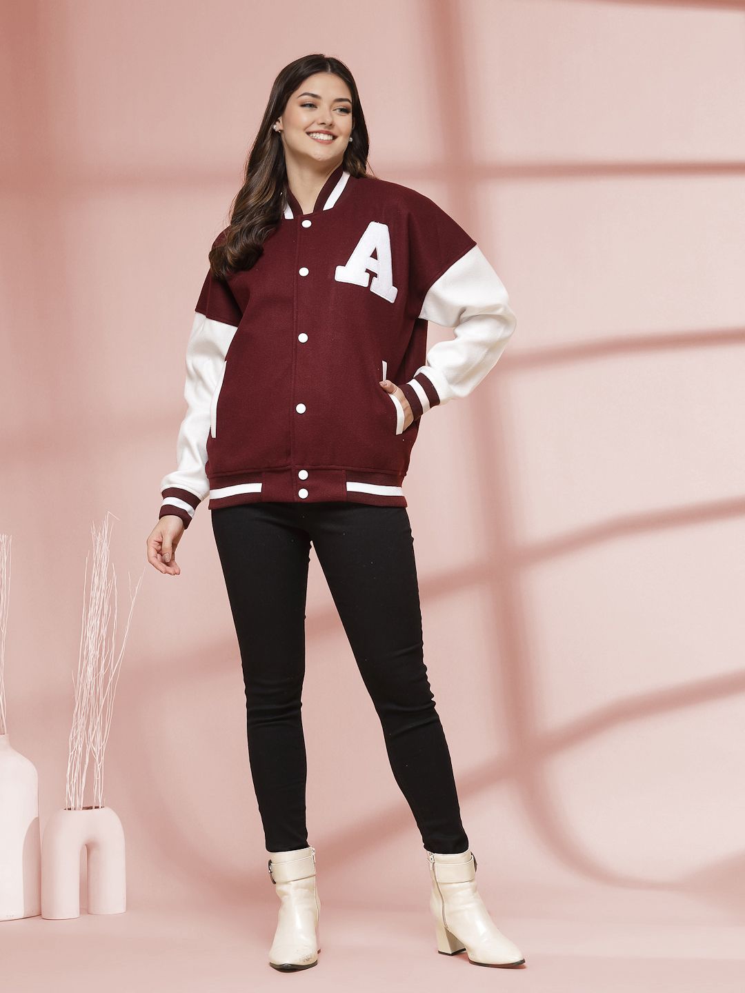 Maroon & White Oversized Varsity Jacket with Letter Patch – Streetwear Bomber