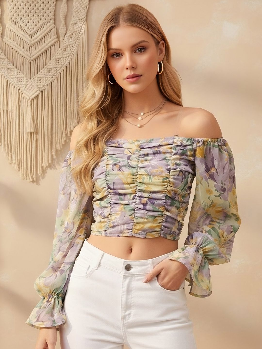 Pastel Floral Off-Shoulder Ruched Crop Top – Romantic Summer & Brunch Wear