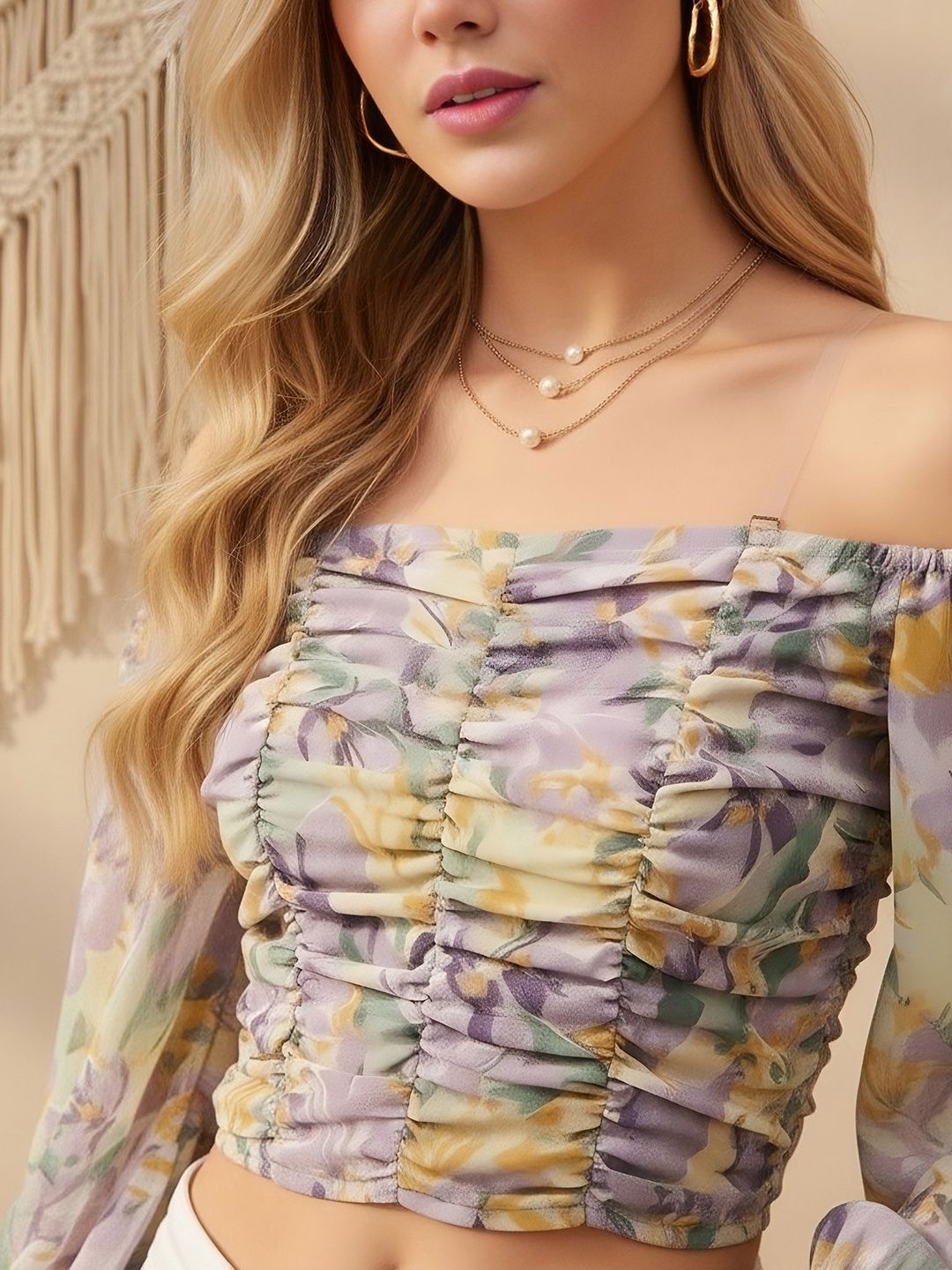 Pastel Floral Off-Shoulder Ruched Crop Top – Romantic Summer & Brunch Wear