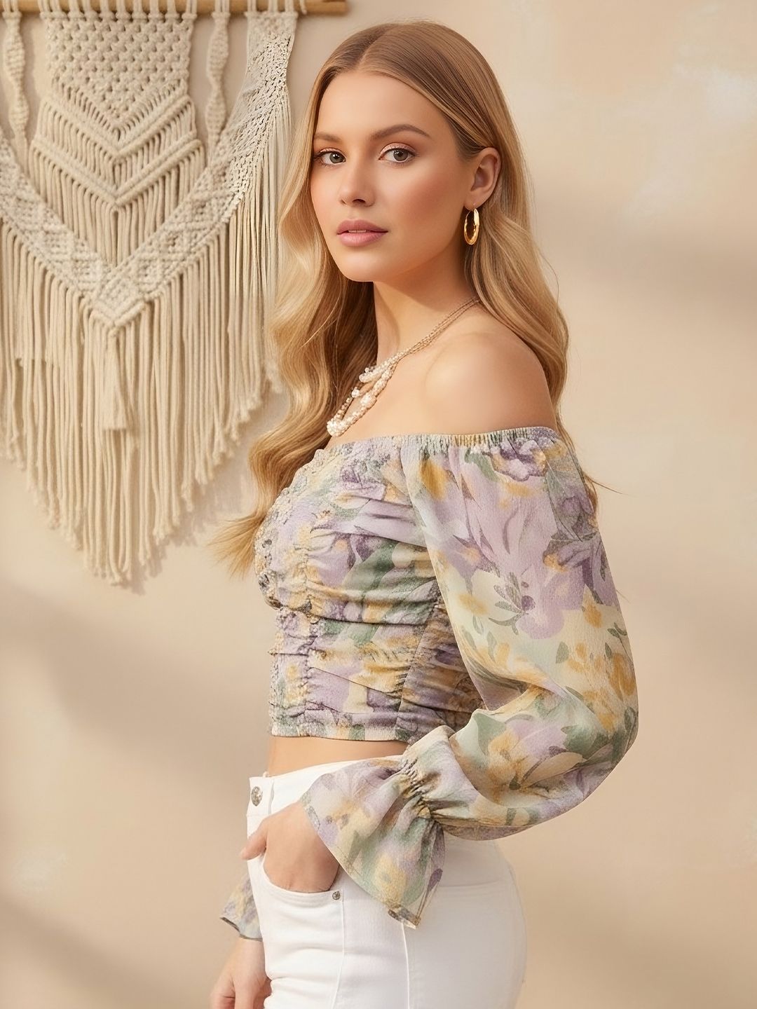 Pastel Floral Off-Shoulder Ruched Crop Top – Romantic Summer & Brunch Wear