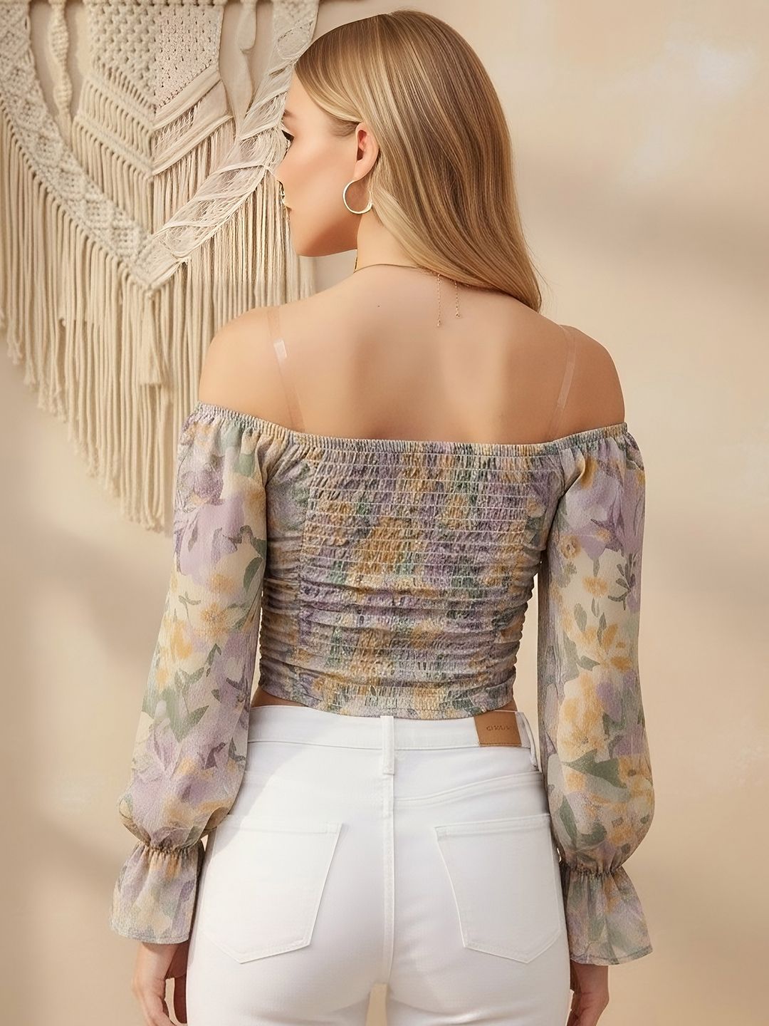 Pastel Floral Off-Shoulder Ruched Crop Top – Romantic Summer & Brunch Wear
