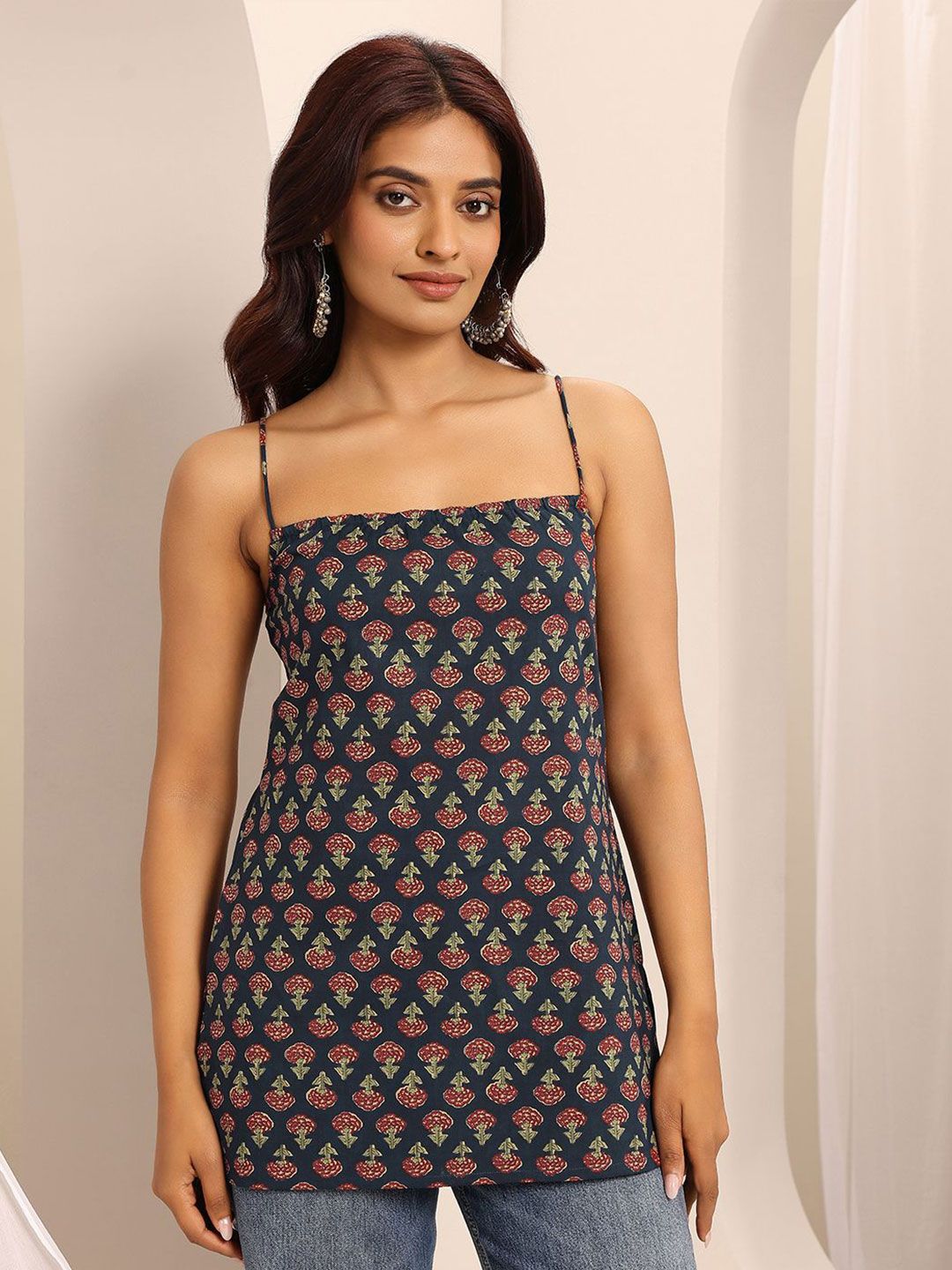 Navy Blue Ethnic Print Cami Top – Casual Indo-Fusion Wear