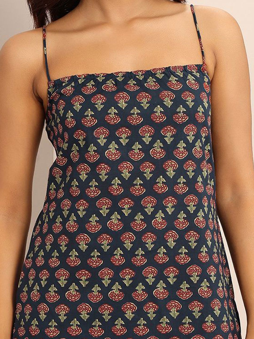 Navy Blue Ethnic Print Cami Top – Casual Indo-Fusion Wear