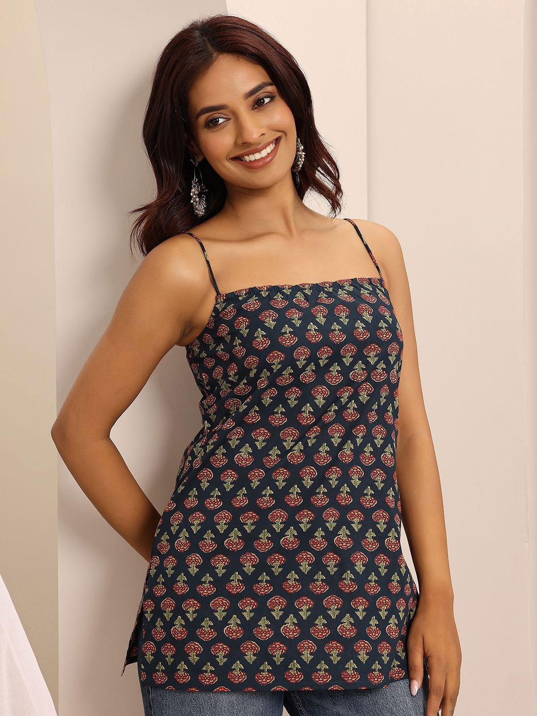 Navy Blue Ethnic Print Cami Top – Casual Indo-Fusion Wear
