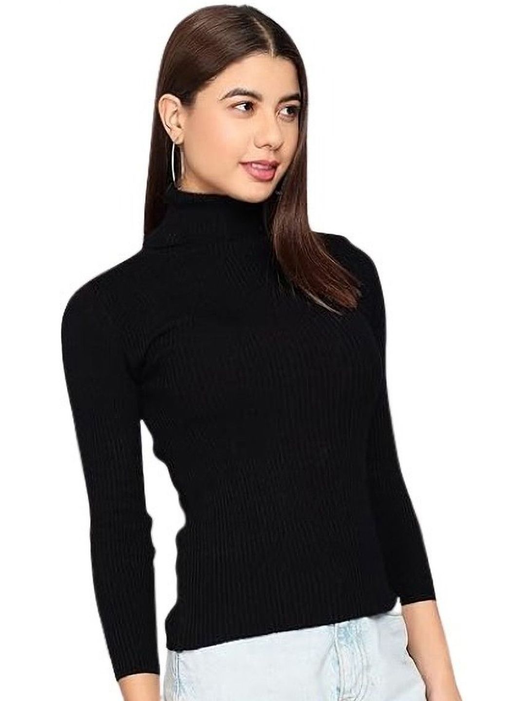 Black Ribbed High Neck Full Sleeve Top
