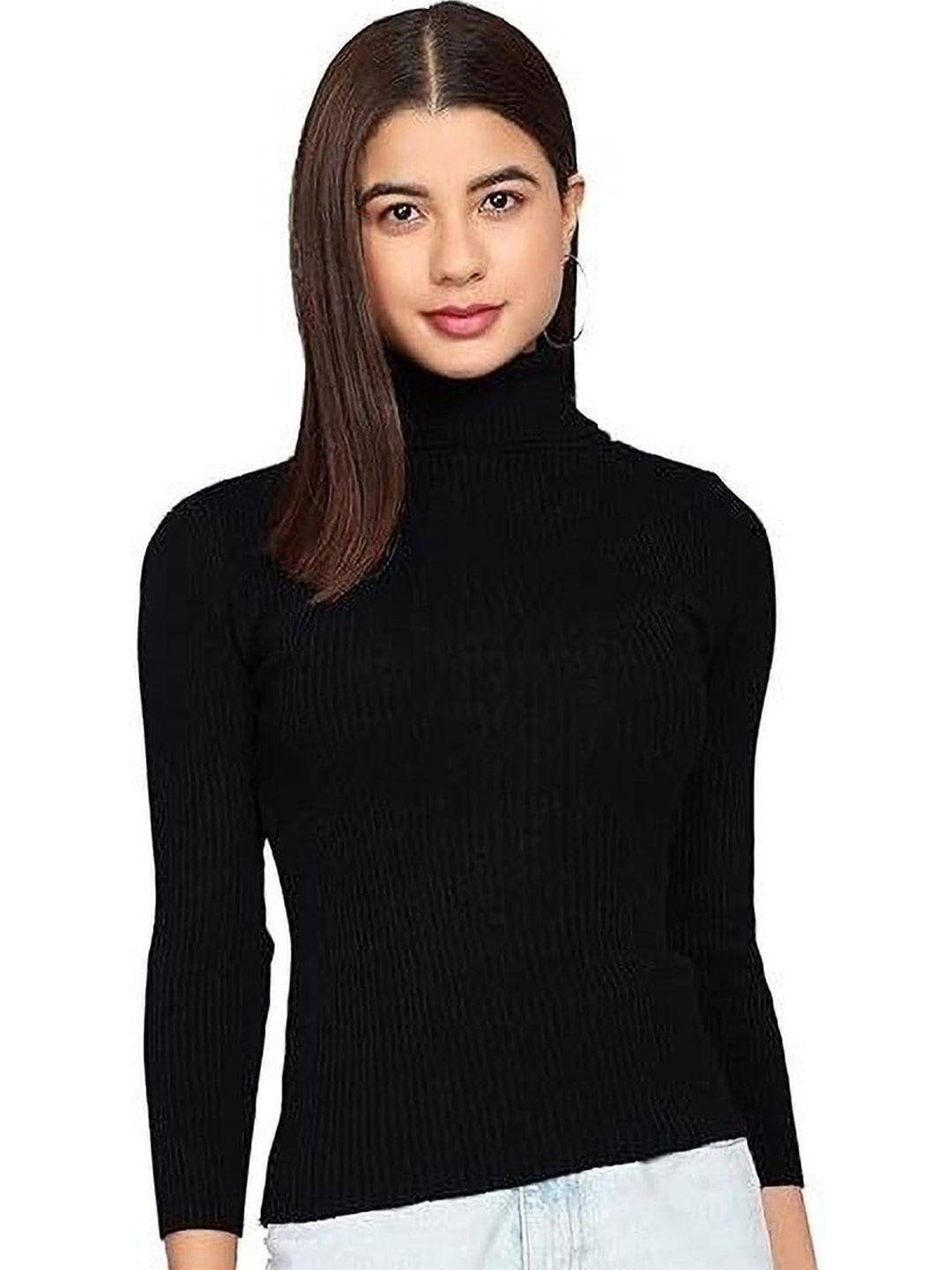 Black Ribbed High Neck Full Sleeve Top