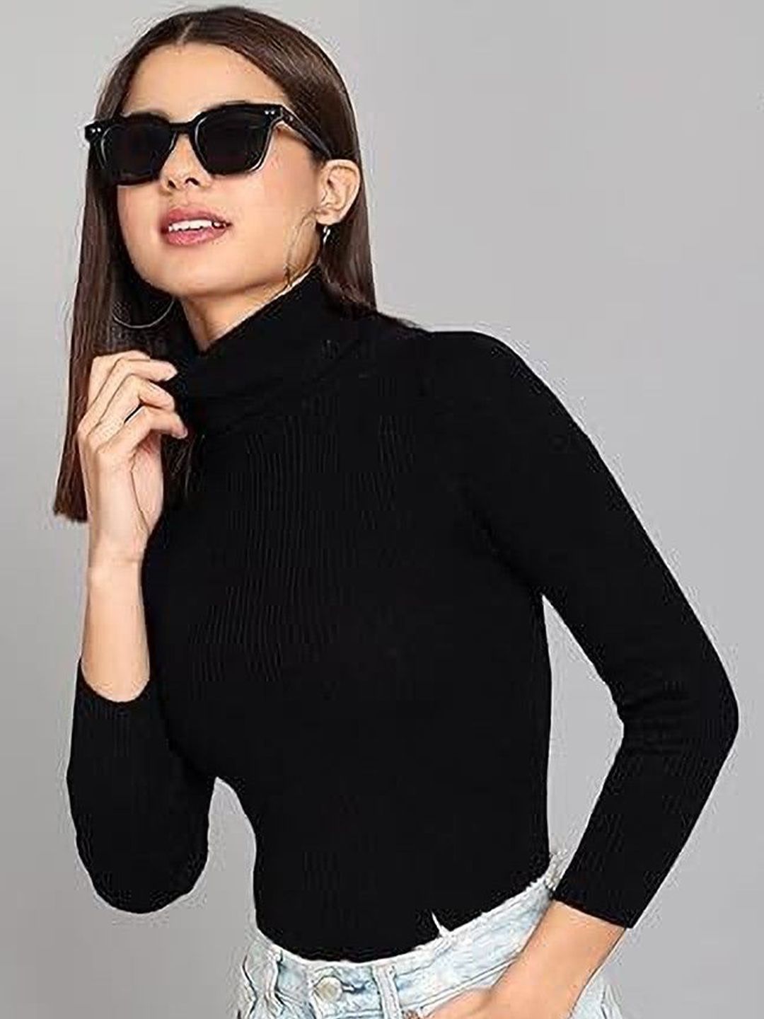 Black Ribbed High Neck Full Sleeve Top