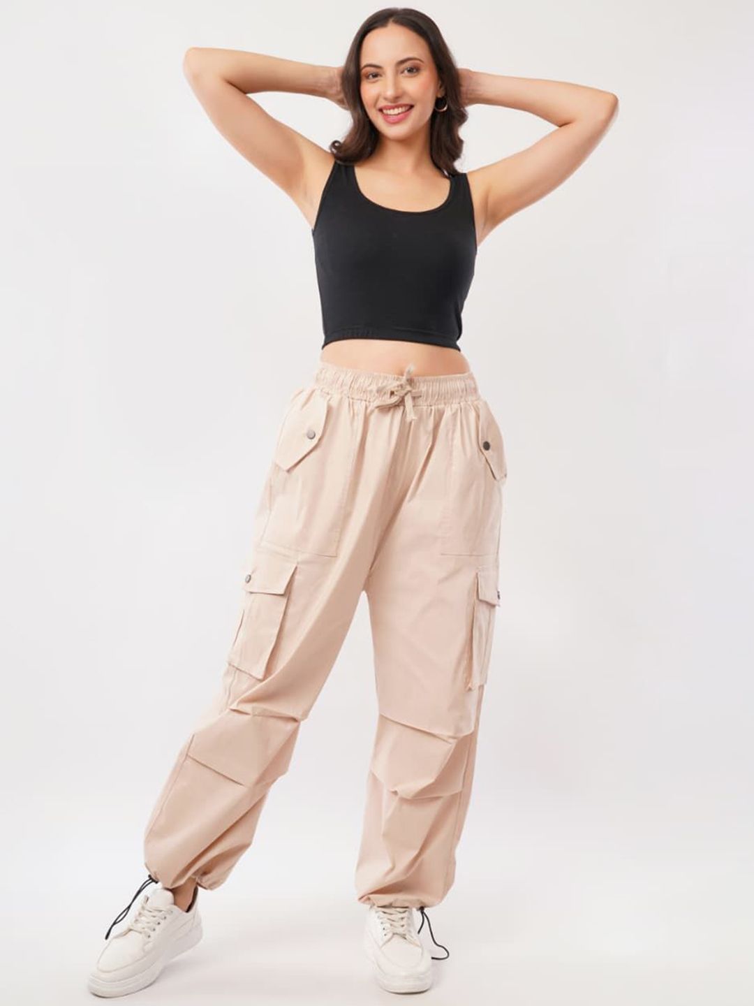 Beige Multi-Pocket Parachute Cargo Pants – Baggy Streetwear Fit