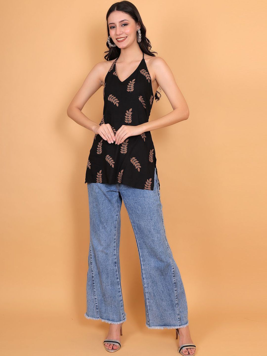 Black Printed Halter-Neck Longline Top – Boho Casual Wear