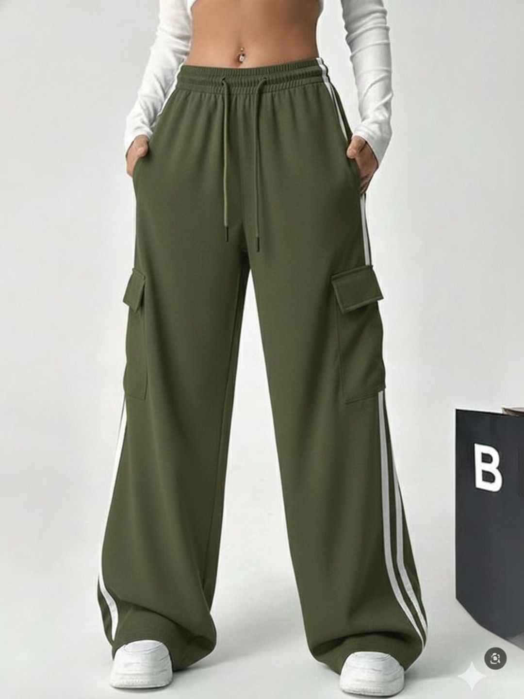 Olive Green Side-Stripe Cargo Joggers – Wide-Leg Athleisure Pants