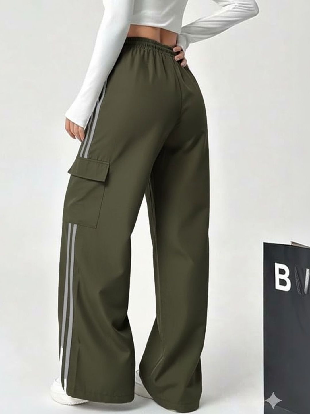 Olive Green Side-Stripe Cargo Joggers – Wide-Leg Athleisure Pants