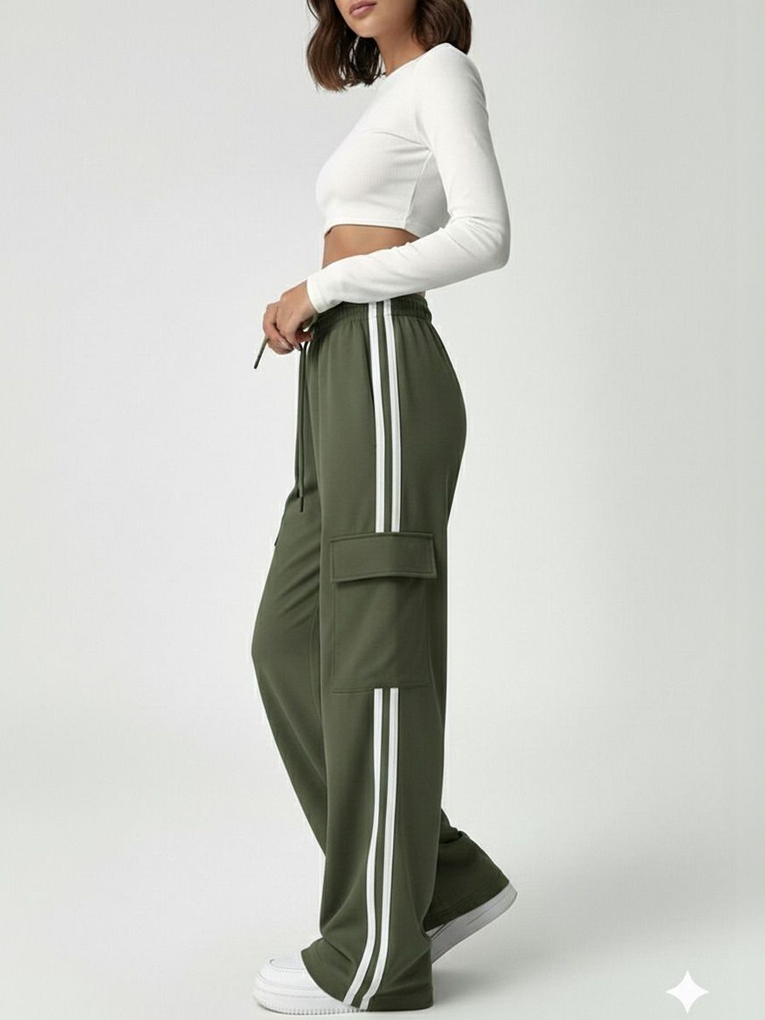 Olive Green Side-Stripe Cargo Joggers – Wide-Leg Athleisure Pants