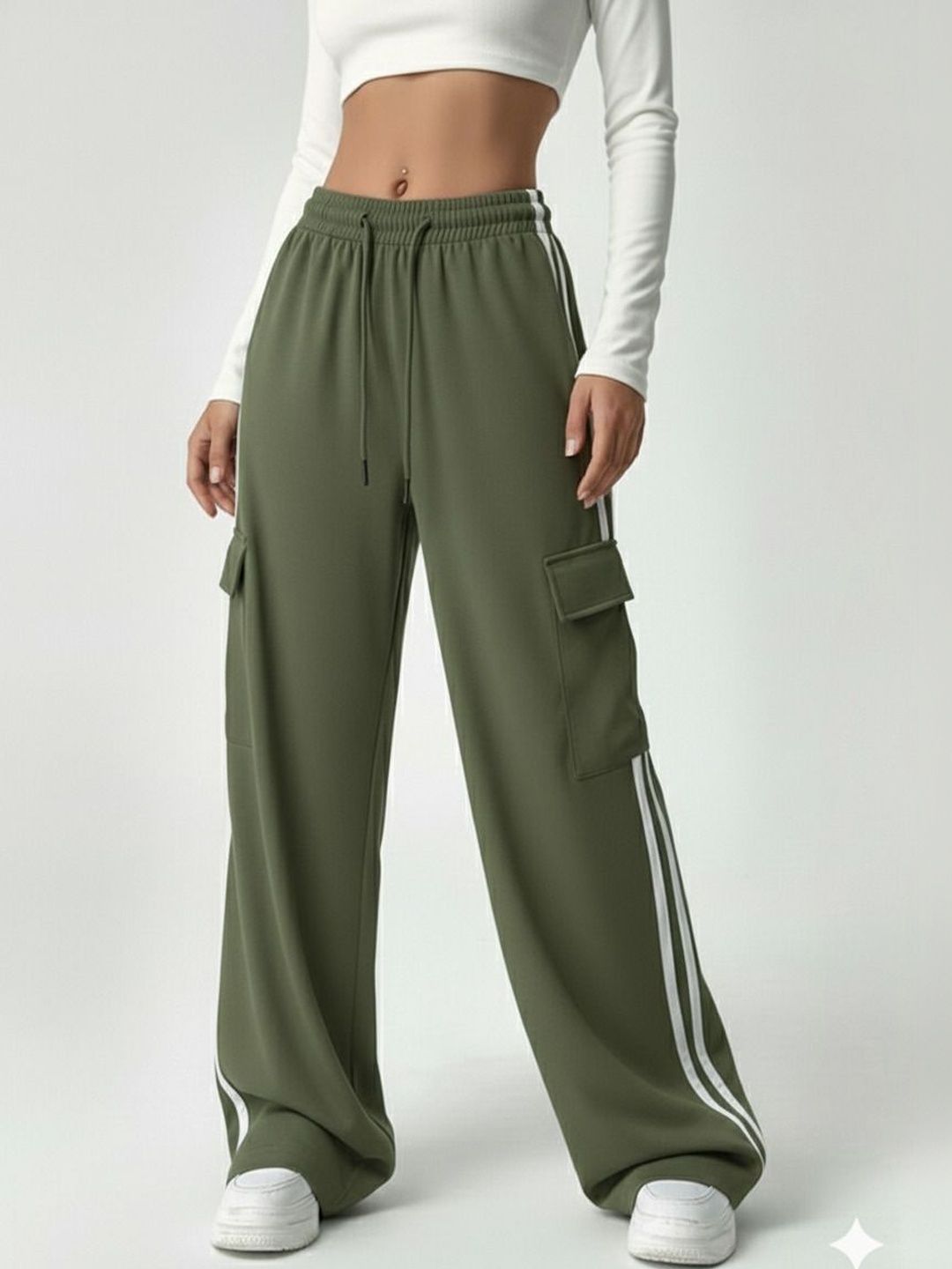 Olive Green Side-Stripe Cargo Joggers – Wide-Leg Athleisure Pants