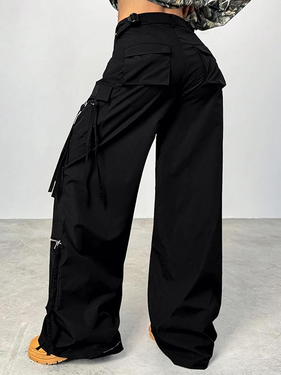 Black Oversized Cargo Wide-Leg Pants with Zipper & Strap Details