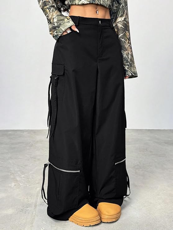 Black Oversized Cargo Wide-Leg Pants with Zipper & Strap Details