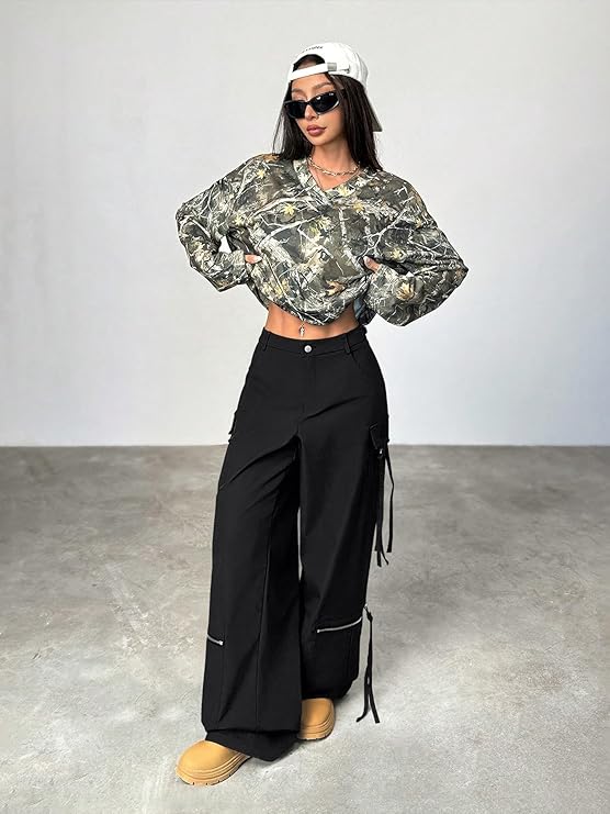Black Oversized Cargo Wide-Leg Pants with Zipper & Strap Details