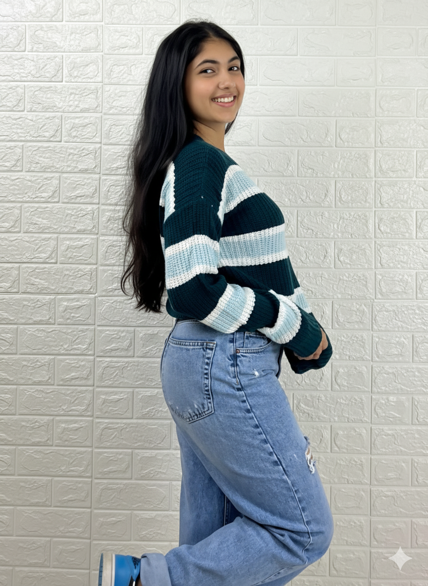 Multi-Stripe Relaxed Knit Sweater - Green & Blue