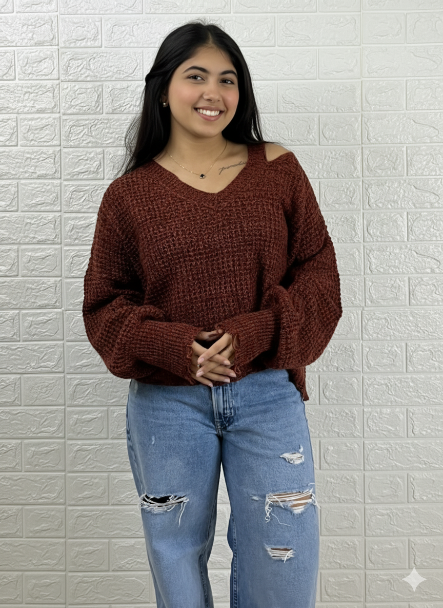 Rust Knit Cold Shoulder V-Neck Sweater