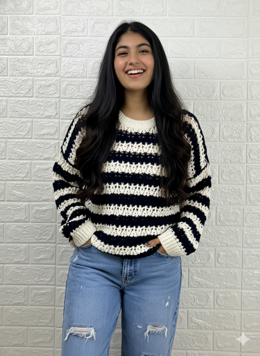 Classic Striped Chunky Knit Sweater - Navy & Cream