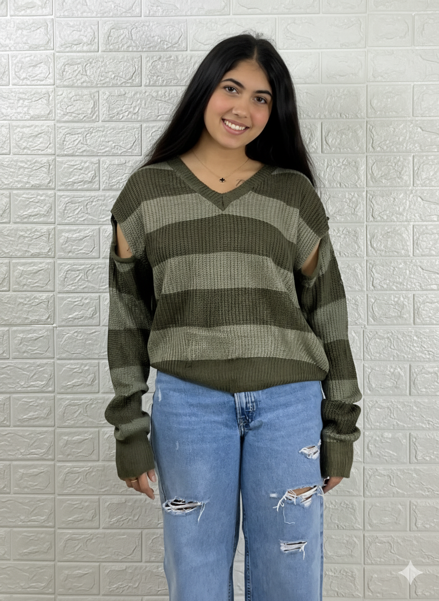 Striped Cold-Shoulder V-Neck Sweater - Olive Green