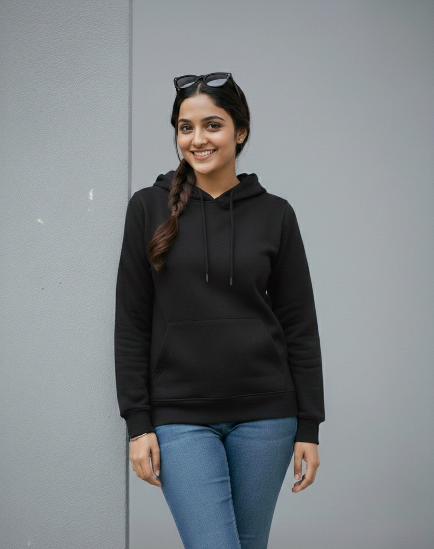 Black Hoodie for Women | Solid Color Pullover Hoodie | Casual Winter Wear Sweatshirt for Daily Use