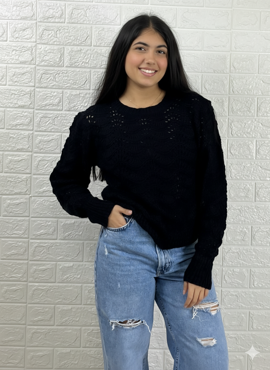 Black Sparkle Knit with Puff Shoulders