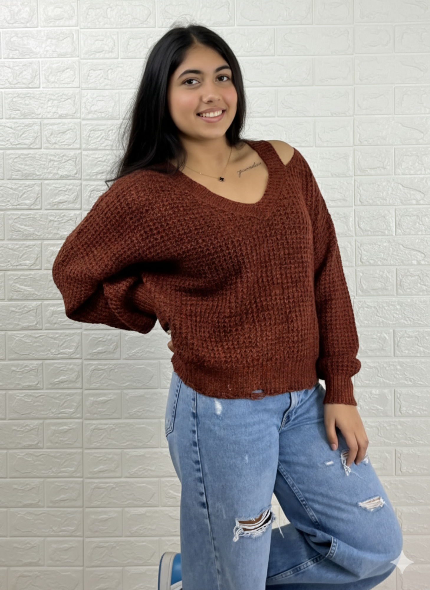 Rust Knit Cold Shoulder V-Neck Sweater